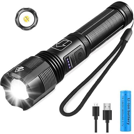 Linterna LED XHP50 de 3000 lúmenes - Batería recargable 18650 de 3800 mAh - Zoom/Resistente al agua/5 modos - Para acampada, senderismo y emergencias