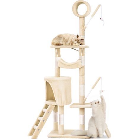 VOUNOT® Arbre à chat 155cm multi niveaux beige - avec griffoir, niche, jouet et plateforme - arbre à grimper