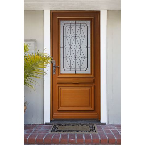 Puerta de entrada de madera con cristalera en color anis, H.215 x 90 cm, lado del tablero derecho, pomo, cilindro, botÃ³n, GD MENUISERIES