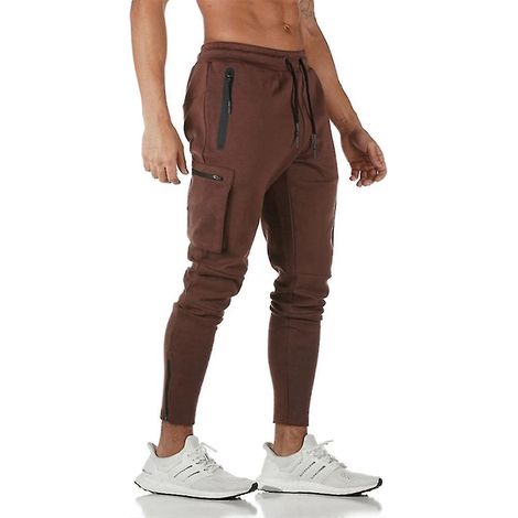 Pantalon cargo de sport européen/américain pour homme, camouflage, idéal pour le fitness, la course et l'entraînement. Fermeture éclair tendance. Taille XXL, rouge bordeaux. (1/5)