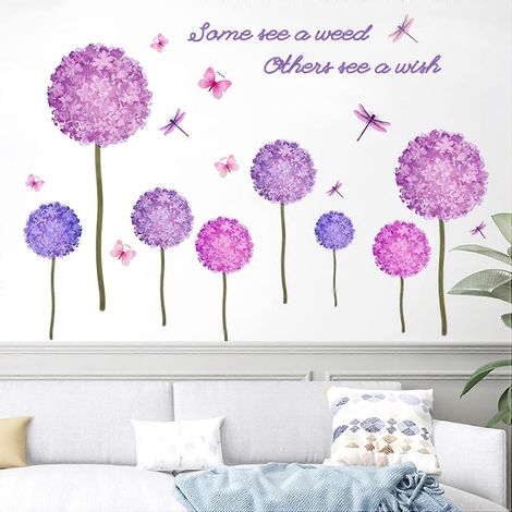 Grands stickers muraux pissenlits violets, stickers muraux papillons et libellules, décoration murale plantes géantes amovibles, stickers muraux hortensias violets à faire soi-même en vinyle (1/5)
