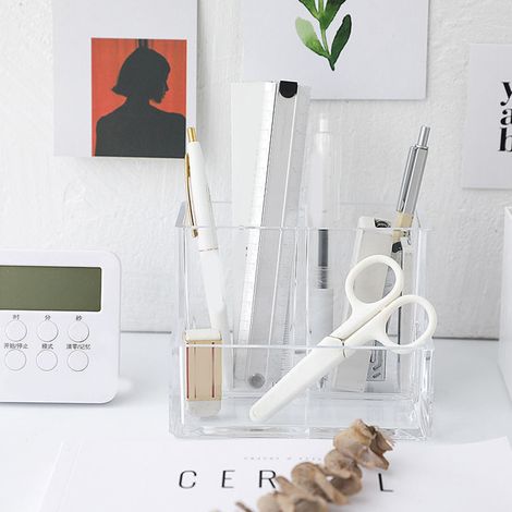 Relooking de bureau façon Instagram : porte-stylo minimaliste transparent en acrylique à trois compartiments/boîte de rangement de bureau pour étudiant. (1/5)