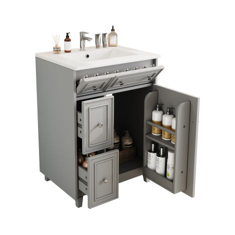 Buffet de bain autoportant gris 61×47×87 cm, vasque céramique intégrée, charnières à fermeture douce, poignées rondes et pieds élevés (1/5)