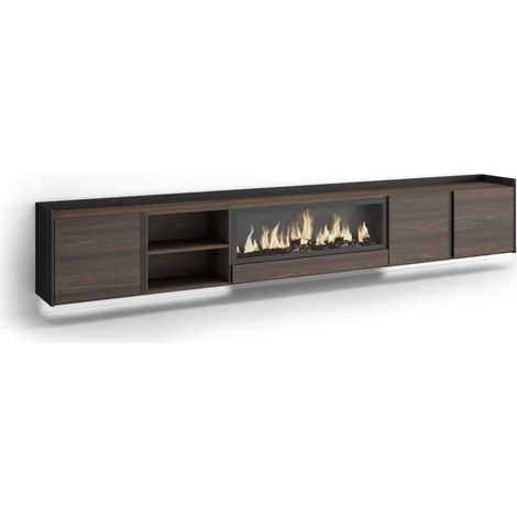 Mueble TV Atajate-02 de 315x50x35 cm con chimenea y luces LED, suspendido, color roble oscuro y negro (1/4)