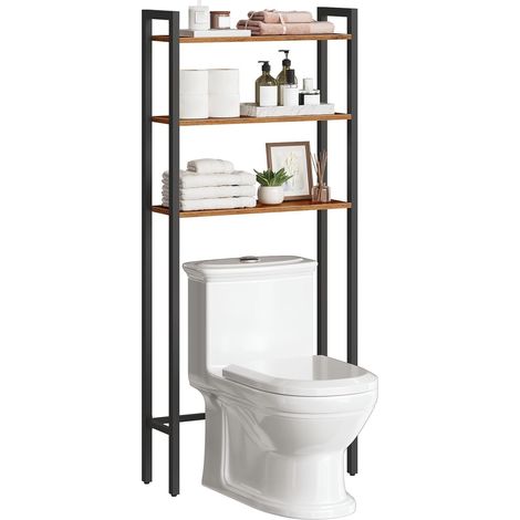 Étagère de Toilettes, Étagère WC, à 3 Niveaux, Étagère de Salle de Bain, Étagère Dessus, Style Industriel, Gain de Place, Montage Facile, Marron Rustique et Noir EBF41TS01