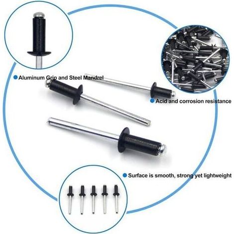 Lot de 100 Rivets Pop en Aluminium Noir 4,8x12mm - Tête Ouverte pour Bricolage et Réparation (1/3)