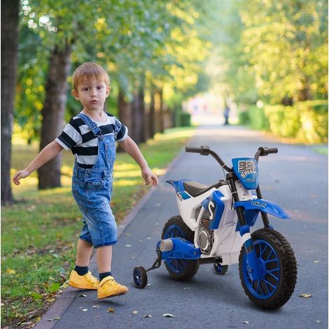 CHICFURN Moto électrique enfant 106,5 x 51,5 x 68 cm bleu et blanc, roues d'appui, dès 3 ans (1/5)
