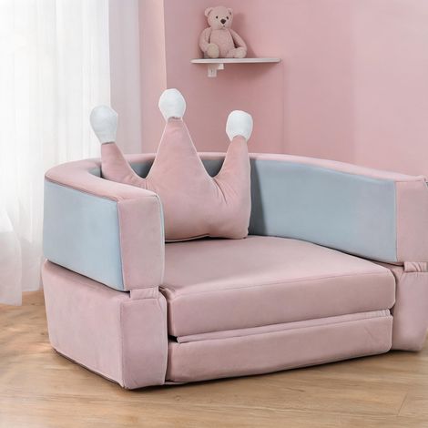 Sofa enfant convertible en velours rose et bleu gris 116 x 61 x (1/5)