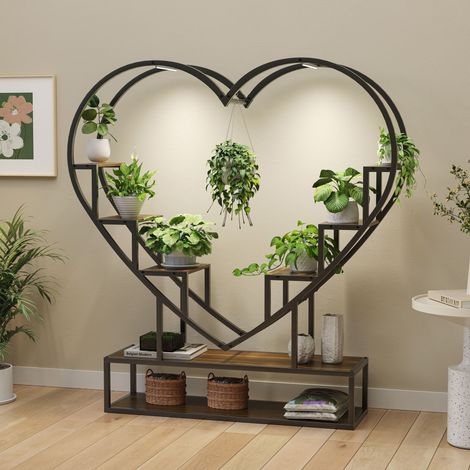 Porte plante interieur - Étagère à plantes avec design cœur, LED de croissance, meuble plante à 8 niveaux, support pour plantes de 140cm haut