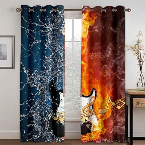 Rideaux à Oeillets pour Chambre d'Enfants - Notes de Musique de Guitare Eau et Feu Cool Rideaux 3D 67X79 Pouces - Rideaux perforés Opaques d'intérieur - Isolation et réduction du Bruit - Applicable à (1/5)
