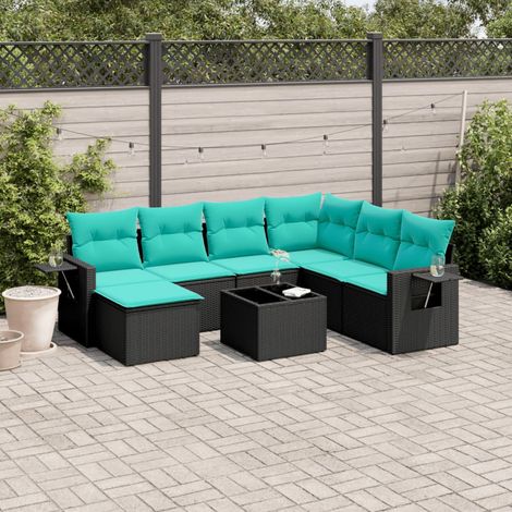 Ensemble canapé de jardin modulable 8 pièces en rotin PE noir avec coussins bleus - PANGIVO (1/5)