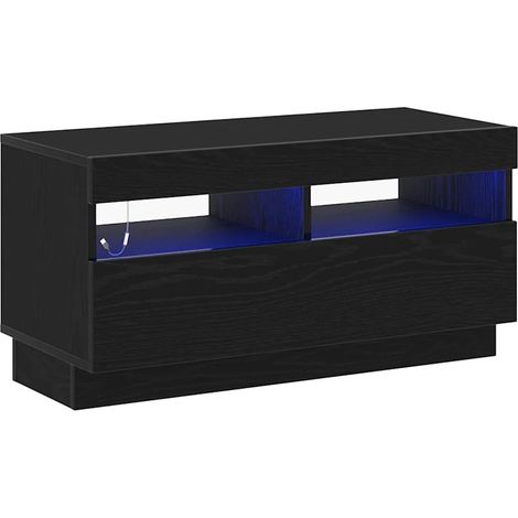Meuble TV moderne avec bandes LED 80 x 35 x 40 cm rangement spacieux style minimaliste en bois d'ingénierie chêne noir
