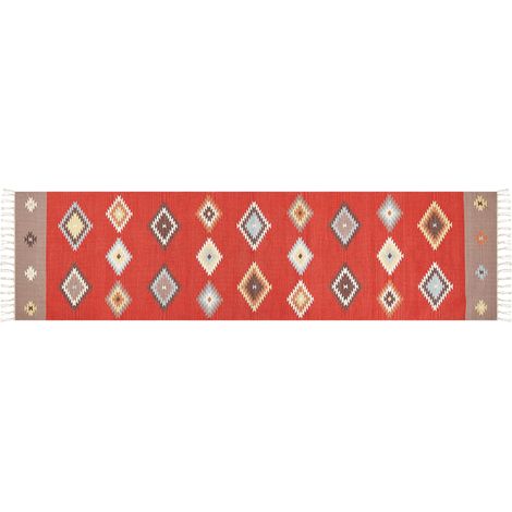Alfombra kilim de algodón rojo marrón beige 80 x 300 cm pelo corto geométrico Lorut