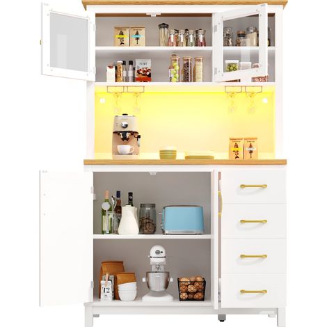 Buffet haut de cuisine Blanc 105,5x40x180 cm Style campagne, 4 portes, bande LED et porte-gobelets, meuble de rangement