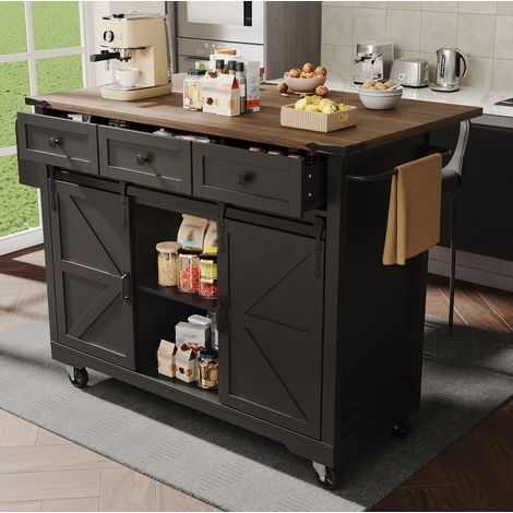 Isola cucina 140/45/94 cm nera con 3 cassetti, ante scorrevoli e piano ribaltabile (1/5)
