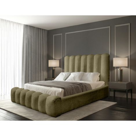 Cama con canapé BADJA – Tela rizada Salvia seca – 160x200 cm – Somier elevable – Diseño de alta gama
