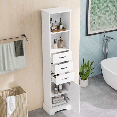 Armoire de salle de bain 38x26x172.5 cm blanche en MDF laqué avec 3 tiroirs et étagères réglables (1/5)