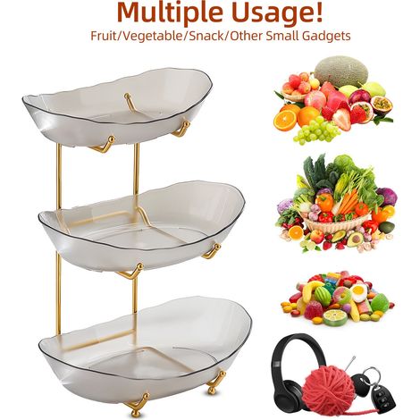 Obstschale für die Küchentheke, 3-stöckiger Acrylkorb mit Servierschalen und Metallständer, mehrstufige Aufbewahrung für Gemüse, Snacks/Nüsse, Kuchen, Desserts, perfekt für Buffets bei Hochzeitsfeiern (1/5)