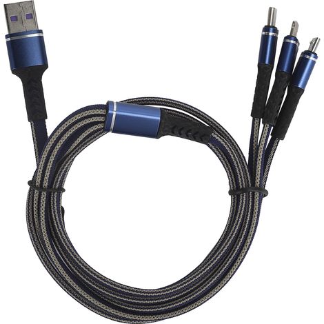 Câble de charge 3 en 1 avec USB-C, Lightning et Micro USB - 3A Rapide 1.2M Bleu (1/5)