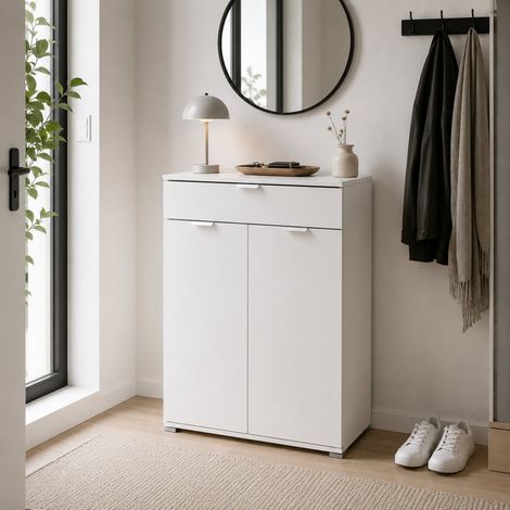 The White Stone Meuble Salle de Bain 2 Portes avec Tiroir Blanc - Armoire Multi-Usage Gain de Place 75x105x38 cm - Meuble Buanderie et Cuisine avec Structure Renforcée et Étagères Réglables (1/5)