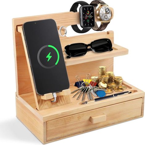 Schreibtisch-Organizer aus Holz – mit Handyhalterung, Stifthalter, Ablage und Schublade – aus Bambus – für Büro und Homeoffice (1/5)