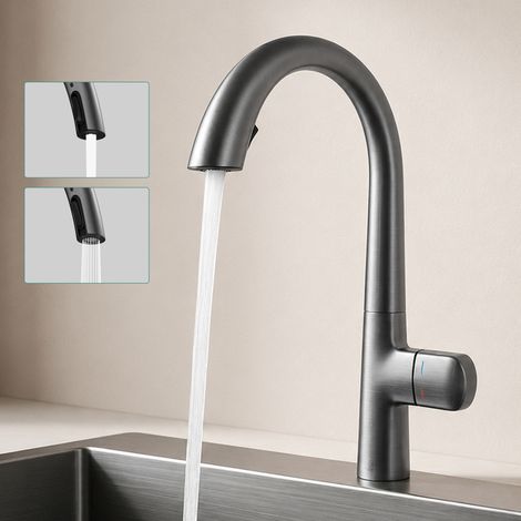 Mai & Mai Rubinetto per Cucina, 2 Modalità con Doccetta Estraibile, Rubinetto Lavello Cucina in Ottone con Tubi e Accesorri, Altazza 41.8cm, Girevole a 360 °, Design Moderno MS-8095 Grigio (1/5)