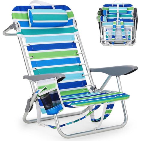 Chaise de plage pliable portable – 5 positions inclinables avec position allongée, porte-gobelet et poche téléphone, charge 300 lbs