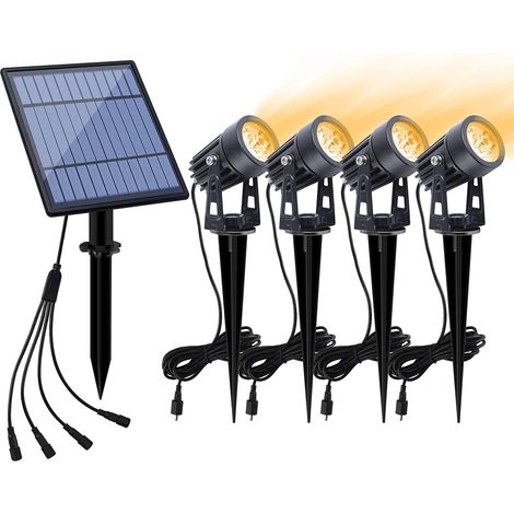 Projecteur solaire extérieur basse tension, étanche IP65, câble de 3 m, allumage/extinction automatique, 4 LED blanc chaud, pour jardin, cour et aménagement paysager (4 en 1) (1/5)