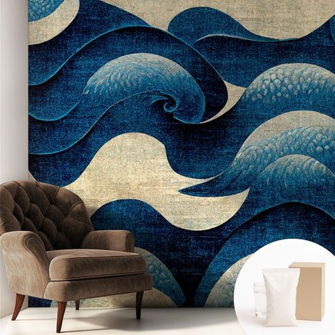 Tapete Vliestapete mit Kleber modern Wohnzimmer - Wanddeko Schlafzimmer - Tapete mit Motiv Blaue Wellen 250x250 cm (1/5)