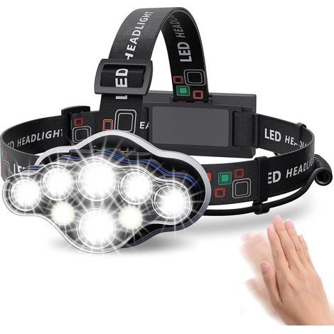 Lampe Frontale,Torche Frontale 18000 Lumens 8 LED 8 Modes d'éclairage,Lampe Frontale LED Ultra Puissante Rechargeable USB 90° Réglable Étanche et Léger Pour Pêche,Camping,Lecture,Randonnée [Classe éne (1/4)