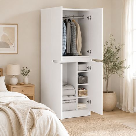 Armadio 70 x 40 x 170 cm a 2 ante con appendiabiti e vani contenitore, bianco (1/5)