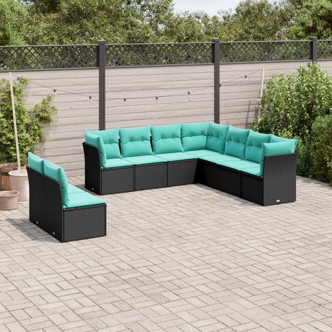 9-teiliges Gartensofa-Set mit Kissen, schwarzes Polyrattan (1/5)
