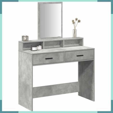 Table de toilette - 865148 - Gris béton - 2 tiroirs - Miroir et étagères (1/5)