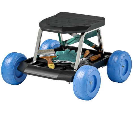 Gartenhocker mit Rollen und Ablage für Gartengeräte, 50 x 49 x 32 cm, blau
