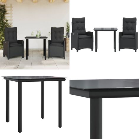 3-tlg. Garten-Essgruppe mit Kissen Schwarz Poly Rattan - Gartentisch - Gartenstuhl (1/5)