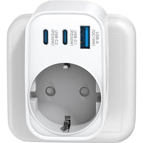 Prises Allemandes Murale avec 2 ports USB-C et 1 port USB-A, Chargeur Rapide 30W, Multiprise 4 Sorties, Adaptée aux Appareils Sans Terre, Prise Schuko 3680W avec sécurité enfant pour téléphone (1/5)