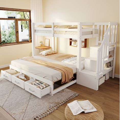 Lit superposé 90/200 cm blanc en bois avec lit gigogne extensible et escalier de rangement (1/5)