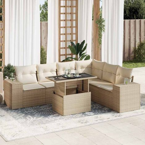 Set sofás de jardín 7 piezas y cojines ratán sintético beige (1/5)