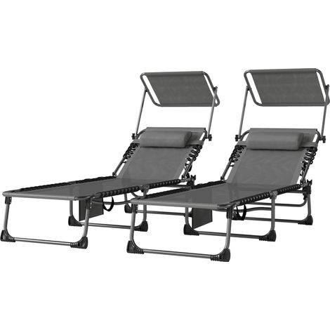 2 Tumbonas Plegables Grises avec Reposacabezas, Parasol, Bolsillo Latéral, Respaldo 5 Positions (1/5)