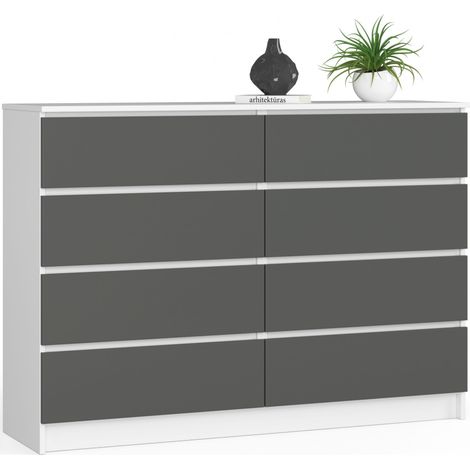 Cómoda AKORD K140 Blanco 138 cm 8 cajones frente en color Grafito Gris 138x40x99 cm