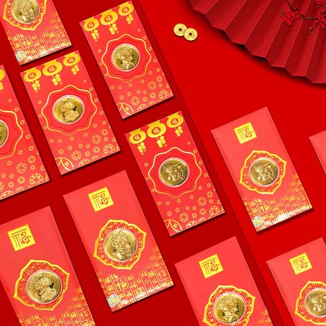 Chinesischer roter Umschlag, Jahr des Drachen, Blattgold, Glücksbringer für das chinesische Neujahr (Frühlingsfest). (1/5)