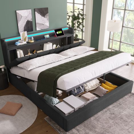 Polsterbett Leinen Grau 160x200 cm mit Stauraum-Kopfteil, USB/Type-C, LED-Beleuchtung und Lattenrost