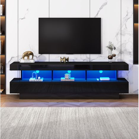 Mueble TV negro de 160 cm, 3 estantes de cristal, LED Bluetooth, hasta 70 pulgadas DESVIAE (1/5)