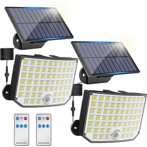 Lampe Solaire Extérieur [256 LED], 2 Pack Lumiere Solaire Exterieur avec Détecteur de Mouvement,3 Modes Spot Solaire Exterieur IP65 pour Jardin,Garage,Patio avec Télécommande,Câble de 5M