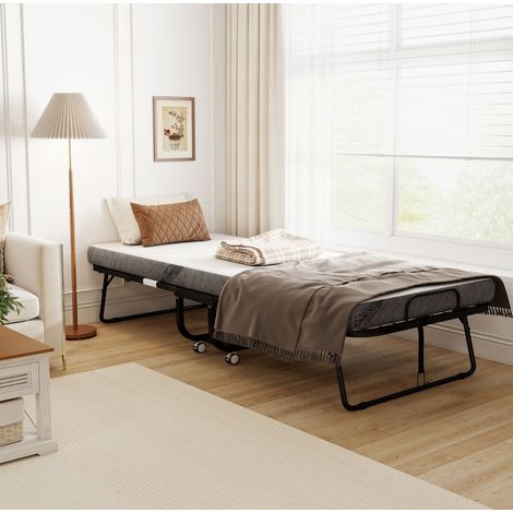 Lit pliant 90x200 cm blanc – en acier, roulettes verrouillables, avec matelas (1/5)