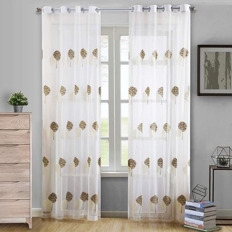 Deux voilages blancs à œillets brodés, texture lin, motif arbre  voilages blancs et marrons, adaptés à la chambre d'une jeune fille adulte, 100 x 250 cm. (1/5)