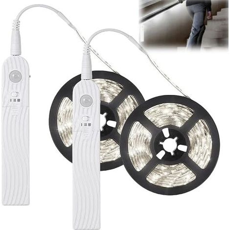 GAOUTO 2 LED strips with motion detector, 2m LED strip, battery operated, 6500K, for bedroom, USB rechargeable, white light (1/5)