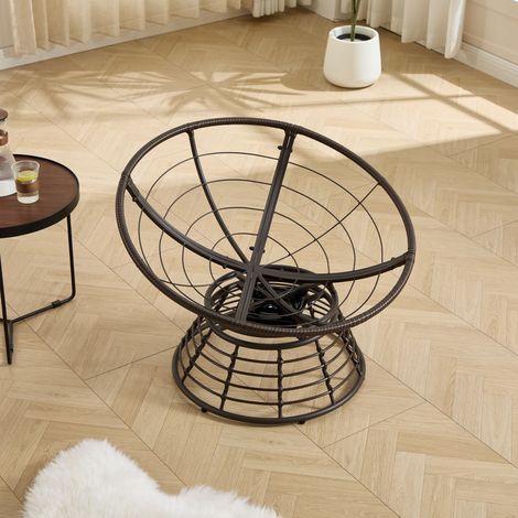 Fauteuil papasan rotin ergonomique pivotant 360° intérieur extérieur matelas épais velours pour salon chambre lecture cadre marron coussin gris (1/4)