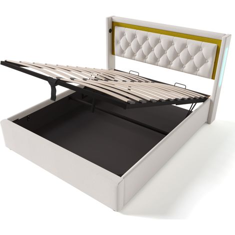 Cama canapé LED doble 140x200 de algodón beige claro con colchón, USB y puertos Type-C (1/5)