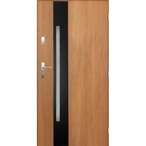 Porte d'entrée GOTAN 90 cm en acier inoxydable couleur chêne doré - Poignée et serrure : Sans - Tirant: Gauche